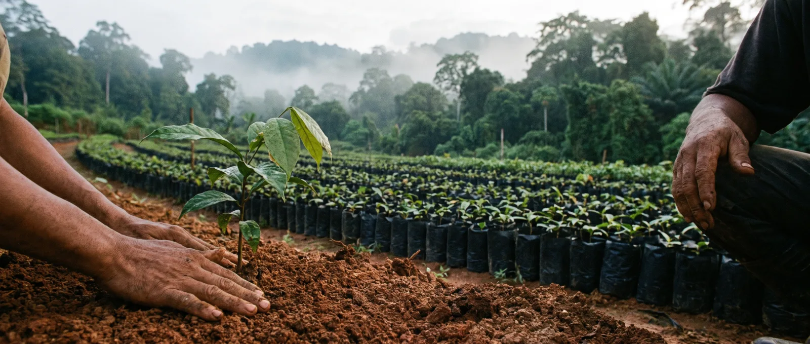 Tangan memadatkan tanah di sekeliling anak pokok, deretan anak benih dalam polibeg di tapak semaian hutan