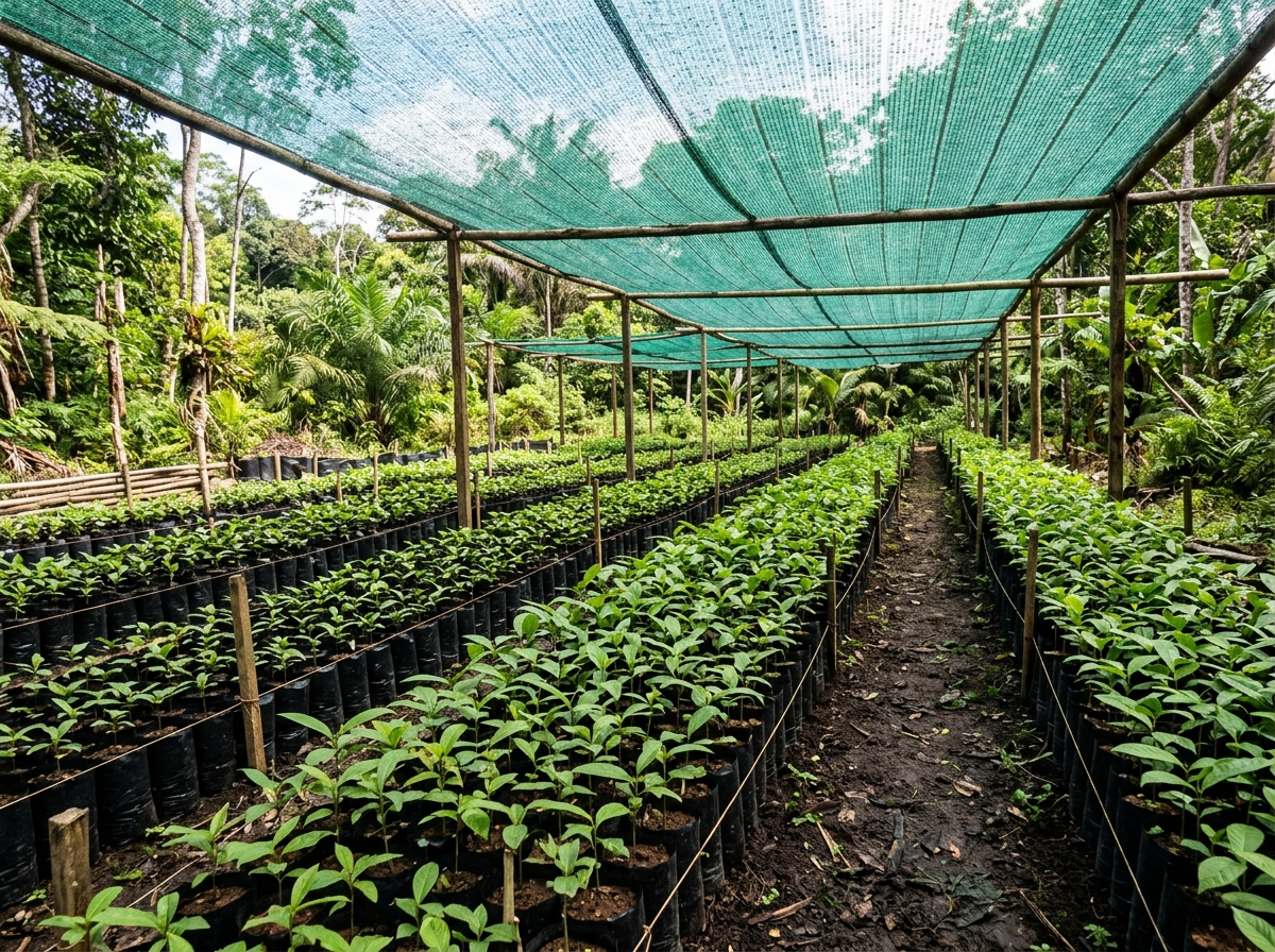 Anak benih pokok hutan dalam polibeg di tapak semaian