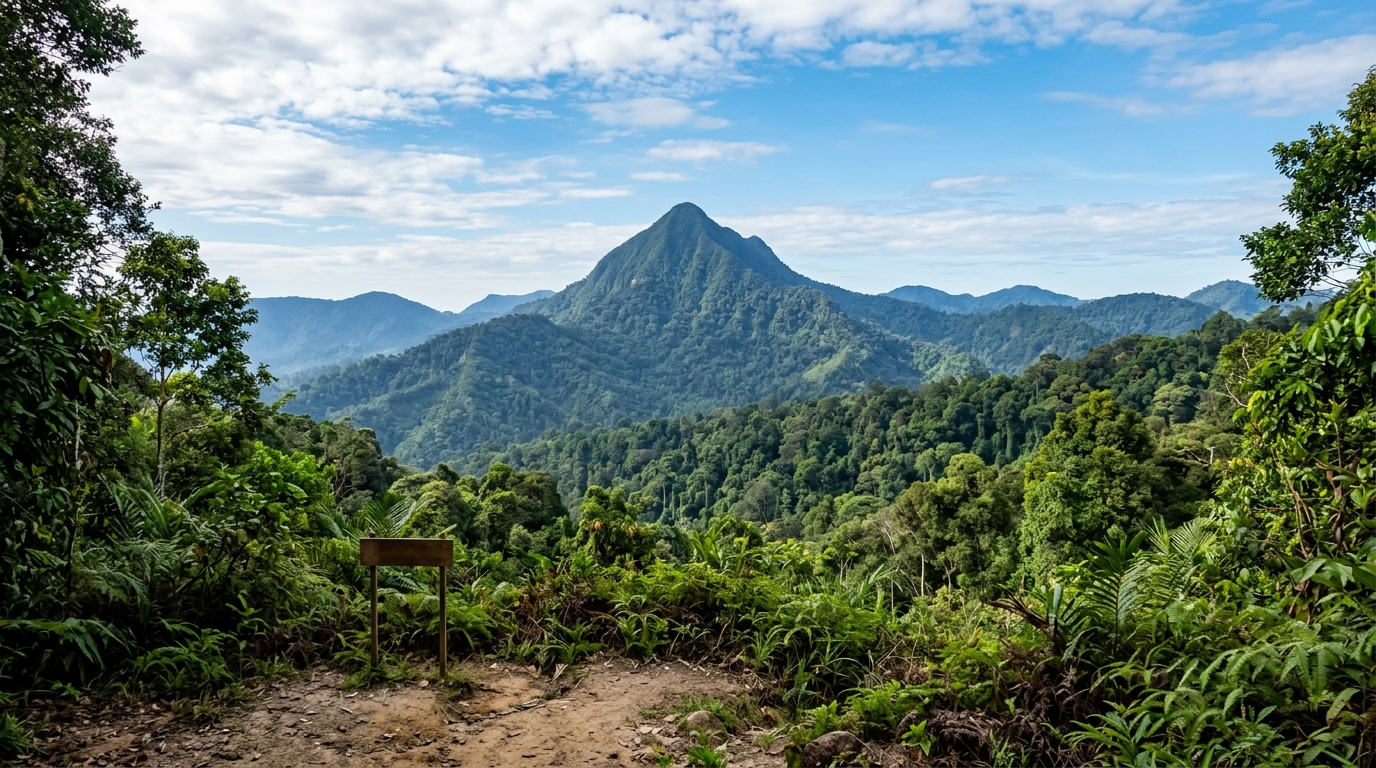Puncak Gunung Ledang dilihat dari kawasan lapang di kaki bukit